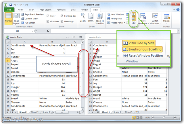 synchronisiertes Scrollen mit MS Office 2010 Excel