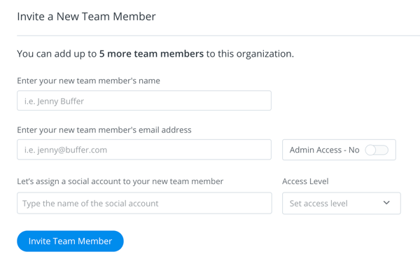 Füllen Sie die Einladungsdetails für die Person aus, die Sie Ihrem Buffer-Team hinzufügen möchten.