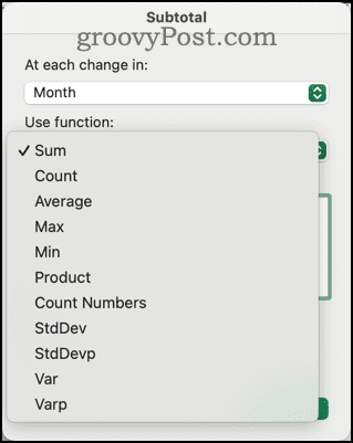 Verschiedene Funktionen im Zwischensummendialog in Excel verfügbar