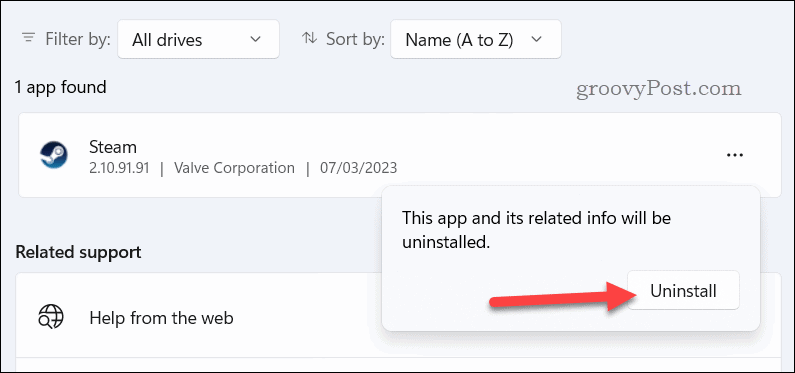 Bestätigen Sie die Deinstallation in Steam