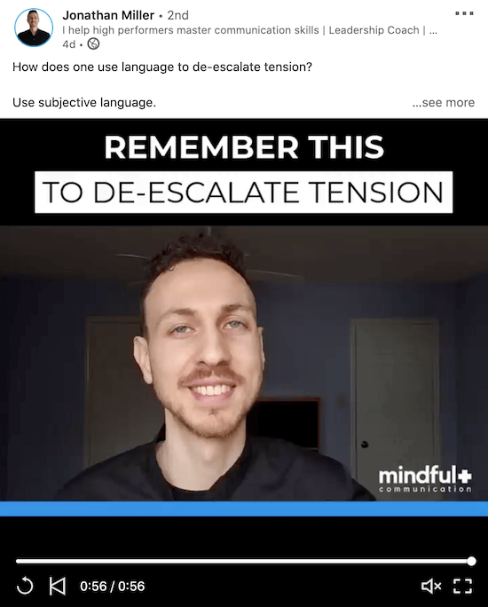 Beispiel eines Linkedin-Videos von Jonathan Miller, das zeigt, wie ein kurzes, hilfreiches Video aussehen könnte