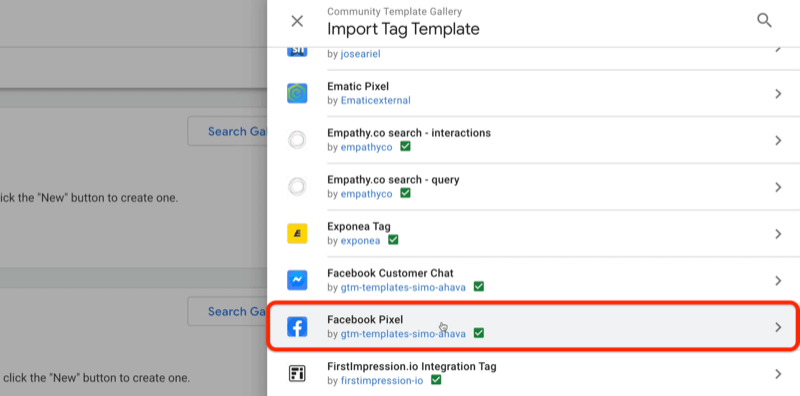 Google Tag Manager Community-Vorlagengalerie Import-Tag-Vorlagenmenü mit Beispielvorlagen für ematische Pixel, Exponea-Tags, Facebook-Kundenchat, unter anderem mit hervorgehobenen Facebook-Pixeln