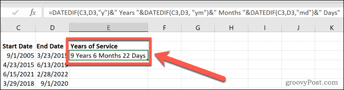 Excel datedif Jahre, Monate und Tage des Dienstes