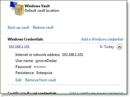 Ein gespeicherter Berechtigungsnachweis kann in Windows 7 Vault bearbeitet werden