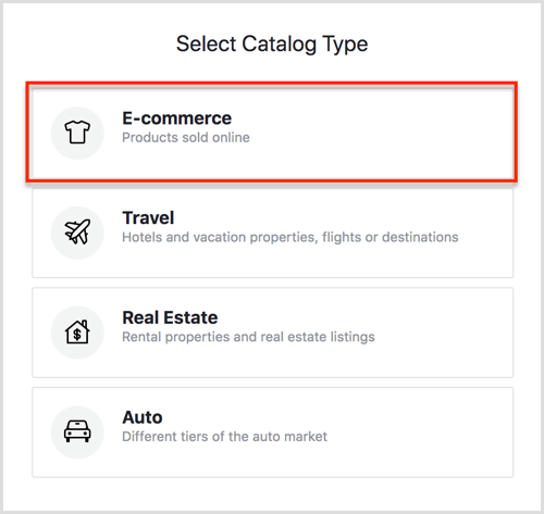 Wählen Sie im Facebook Catalog Manager die Option Katalogtyp