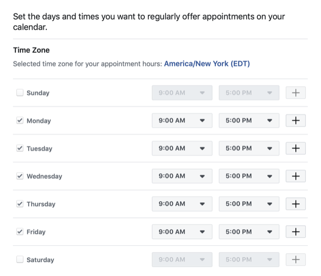Legen Sie Daten und Zeiten für die Buchung eines Termins auf der Facebook-Seite fest