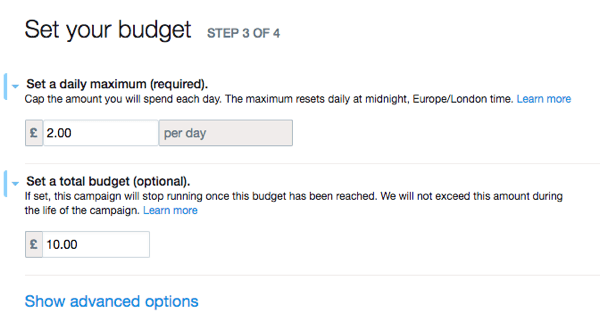 Richten Sie das Budget Ihrer Twitter-Anzeige ein.