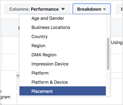 Wählen Sie im Dropdown-Menü Aufschlüsselung die Option Nach Lieferung> Platzierung.