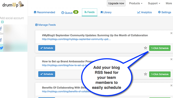 Mit DrumUp können Sie den RSS-Feed Ihres Unternehmensblogs importieren und Mitarbeitern das Teilen von Inhalten erleichtern.