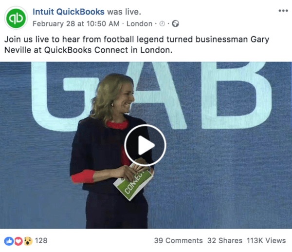 Beispiel eines Facebook-Posts, in dem ein bevorstehendes Live-Video von Intuit Quickooks angekündigt wird.