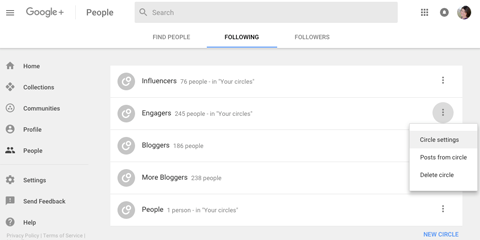 neuer Zugriff auf Google Plus Circle-Einstellungen