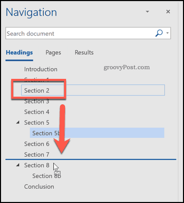 Neuanordnen von Überschriften mithilfe des Navigationsbereichs in Word