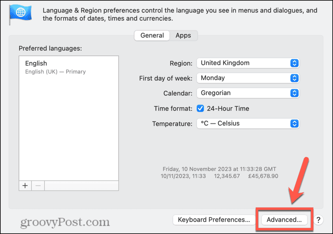 Erweiterte Sprach- und Regionseinstellungen für Mac