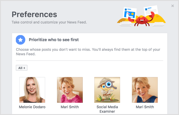 Priorisieren Sie, welchen Facebook-Beitrag Sie zuerst sehen möchten.