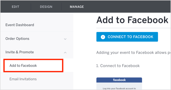 Klicken Sie auf der Registerkarte "Eventbrite-Verwaltung" auf "Einladen & Bewerben" und wählen Sie im Dropdown-Menü die Option "Zu Facebook hinzufügen".