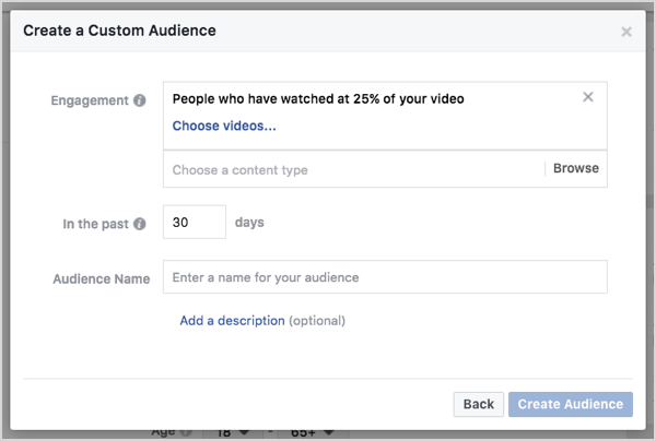 Benutzerdefinierte Facebook-Zielgruppe basierend auf Videoaufrufen in 30 Tagen.