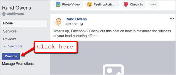 Gehen Sie zu Ihrer Facebook-Seite und klicken Sie auf die Schaltfläche "Bewerben" unter den Navigationsregistern.