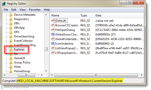 Suchen Sie den Registrierungsschlüssel für die aktuelle Version des Explorers in der Windows 7-Registrierung