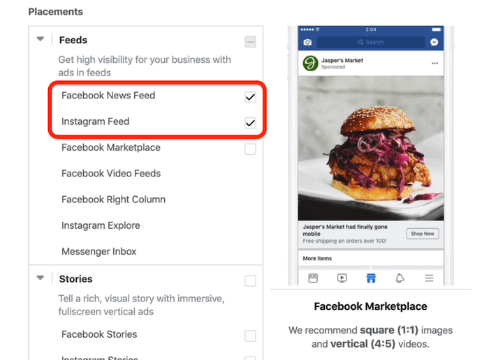 Platzierungen von Facebook-Newsfeeds und Instagram-Feeds, die auf Anzeigenset-Ebene im Facebook-Anzeigenmanager ausgewählt wurden