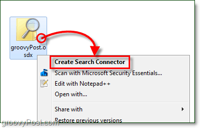 Klicken Sie mit der rechten Maustaste auf Ihren Desktop und dann auf die osdx-Datei, die ein Suchconnector ist, und klicken Sie dann auf Suchconnector für Windows 7 erstellen