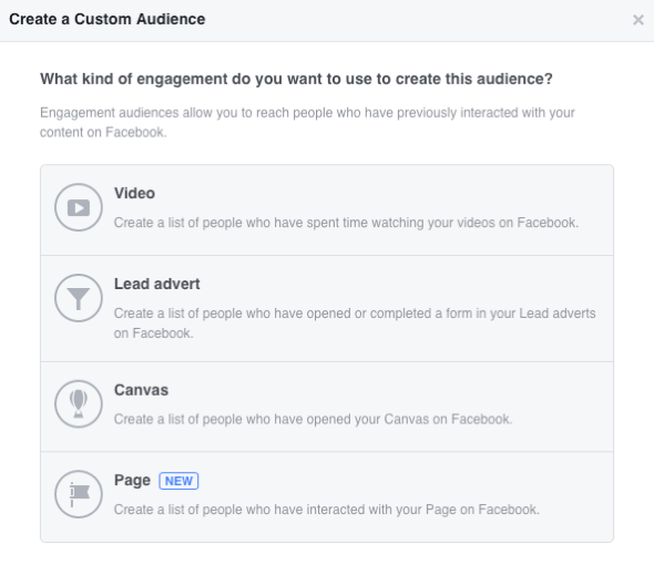 Mit Facebook können Sie vier auf Engagement basierende benutzerdefinierte Zielgruppen erstellen.