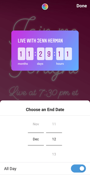 So verwenden Sie den Instagram Countdown-Aufkleber für Unternehmen, Schritt 3, Countdown-Enddatum.