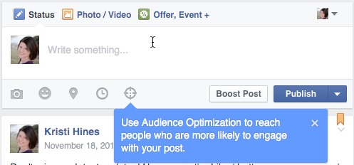 Facebook-Publikumsoptimierung für Beiträge Update-Box