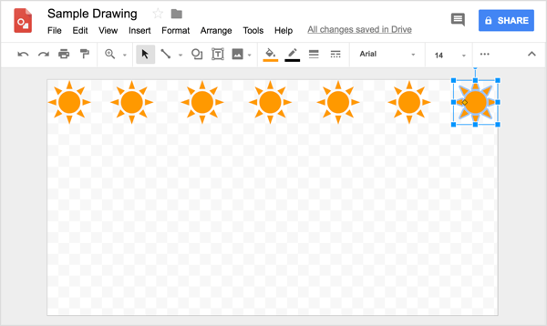 Wenn Sie versuchen, Ihre Form in Google Drawings in einer Reihe auszurichten, werden beim Klicken und Ziehen der Kopien hilfreiche Referenzlinien angezeigt.