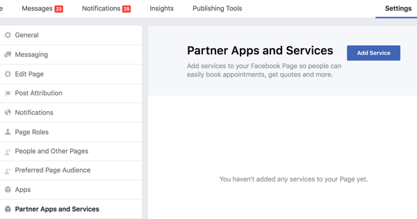 Klicken Sie in den Einstellungen Ihrer Facebook-Seite auf Partner-Apps und -Dienste.