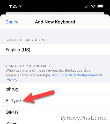 Tippen Sie in den iPhone-Einstellungen in der Liste der Tastaturen von Drittanbietern auf AirType