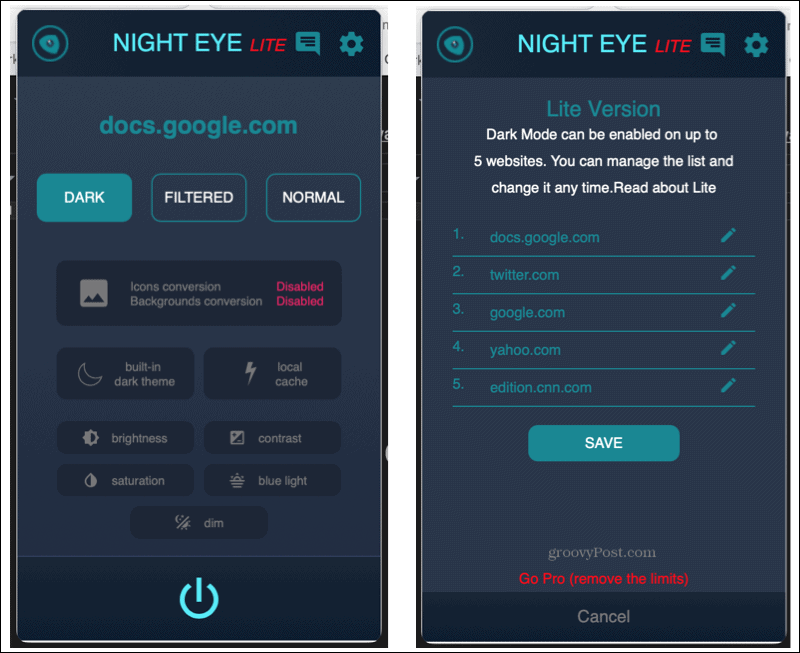 Night Eye-Erweiterung in Safari