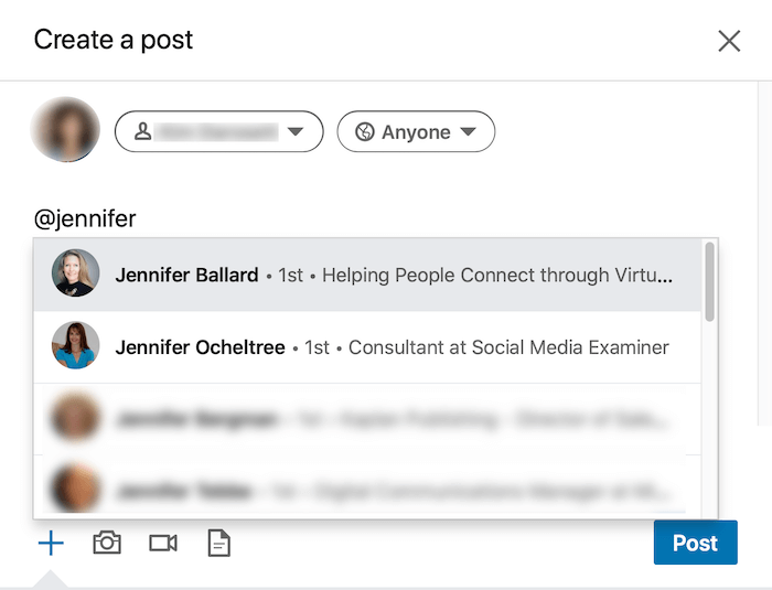 Beispiel LinkedIn Erstellen Sie eine Post-Option, um Personen zu markieren.
