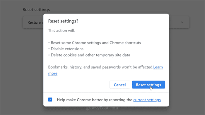 Zurücksetzen der Einstellungen Chrome-Bestätigung