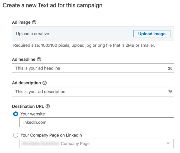 So erstellen Sie eine LinkedIn-Textanzeige, Schritt 12, Einstellungen für Anzeigentext