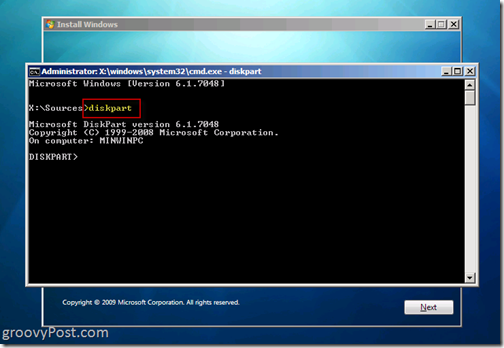 Windows 7 Native VHD Installieren Sie Dual Boot Launch Diskpart 6.1.7048 von der CMD-Eingabeaufforderung, um eine VHD-Datei zu erstellen