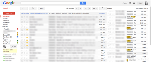 Vorschau-Screenshot von Google Mail mit allen E-Mails im 2. Bereich rechts