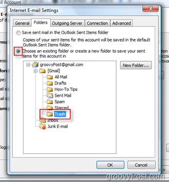 Einrichten des SEND Mail-Ordners für das iMAP-Konto in Outlook 2007:: Wählen Sie den Papierkorbordner