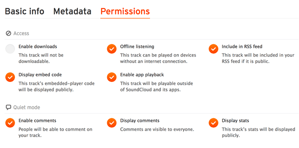 Überprüfen Sie die Registerkarte Berechtigungen, um sicherzustellen, dass Ihre Audiodatei in Ihrem SoundCloud-RSS-Feed enthalten ist.