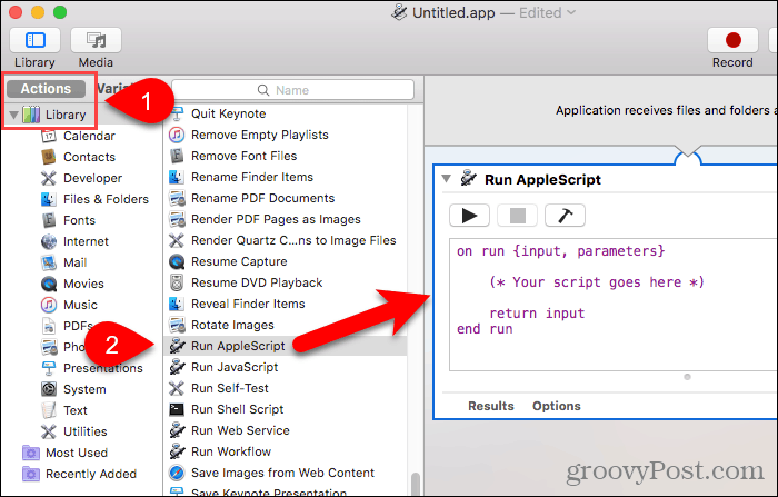 Ziehen Sie "AppleScript ausführen" in das Workflow-Bedienfeld in Automator