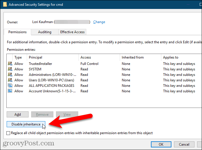 Klicken Sie im Dialogfeld Erweiterte Sicherheitseinstellungen in der Windows-Registrierung auf Vererbung deaktivieren