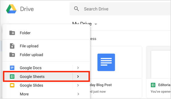 Klicken Sie links auf die Schaltfläche Neu und wählen Sie Google Sheets aus dem Dropdown-Menü.