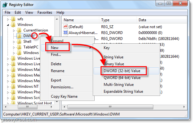 Erstellen Sie einen neuen DWM-Dword-Schlüssel in Windows 7