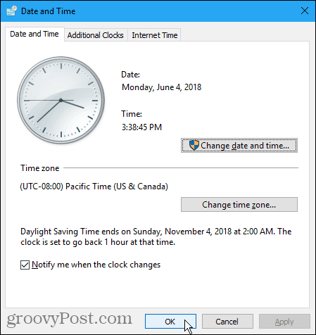 Dialogfeld "Datum und Uhrzeit" in Windows