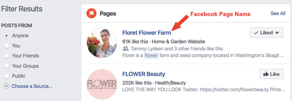 Beispiel für die Facebook-Seite Floret Flower Farm in den Suchergebnissen.