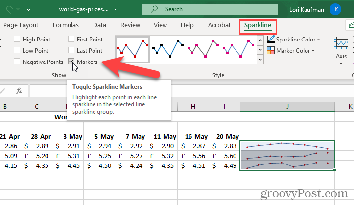Markierungen auf Sparklines in Excel anzeigen