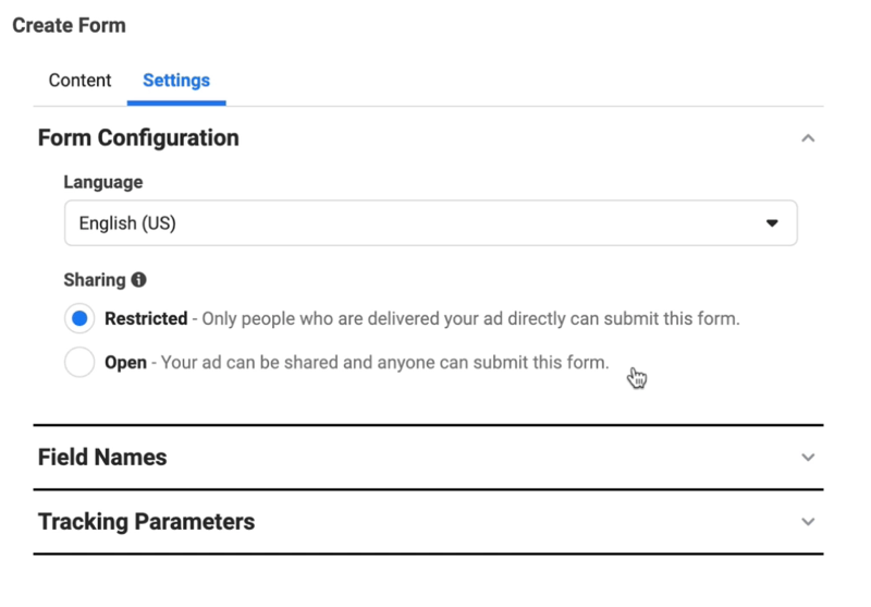 Facebook-Lead-Anzeigen erstellen eine neue Lead-Formularoption, um die Formularkonfigurationseinstellungen der Sprache, die auf Englisch eingestellt ist, und die Freigabe, die auf eingeschränkt eingestellt ist, anzupassen