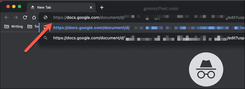 Einfügen eines Google Docs-Freigabelinks in die Adressleiste eines Google Chrome-Inkognitofensters