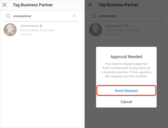 Sende einen Antrag auf Genehmigung an den Geschäftspartner auf Instagram