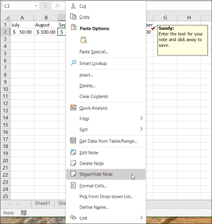 Notizen in Excel ein- oder ausblenden