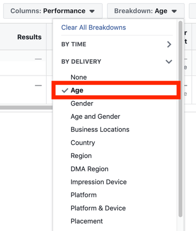 Tipps zur Senkung Ihrer Facebook-Werbekosten, Option zur Anzeige der Zielgruppenaufschlüsselung nach Alter